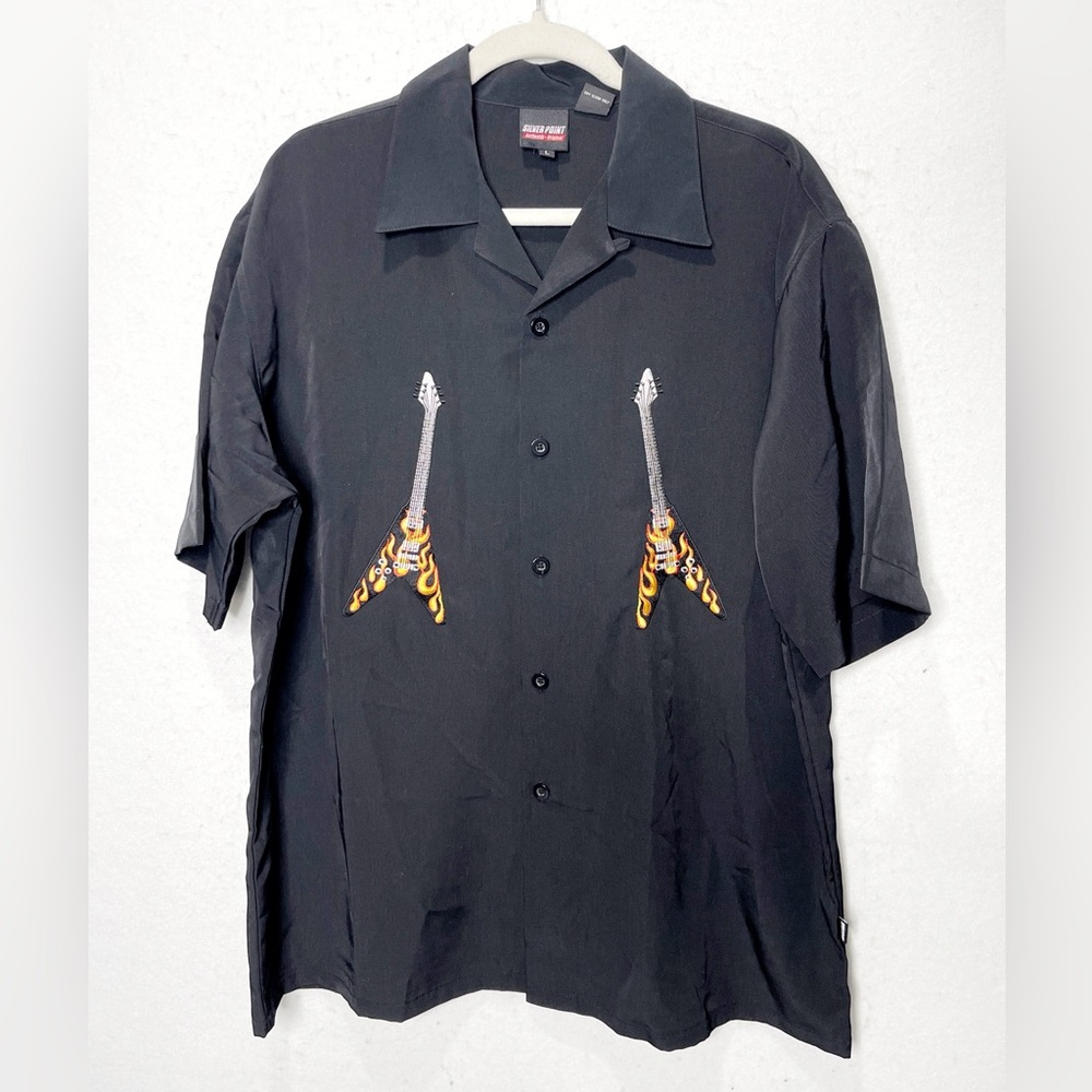 Silver Point Vintage 90s Shirt Button Up Flame Guitar Skate Bowling Rock & Roll